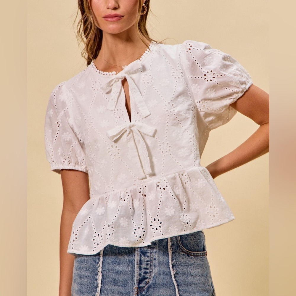White Cotton Eyelet Front Tie Short Sleeves Blouse